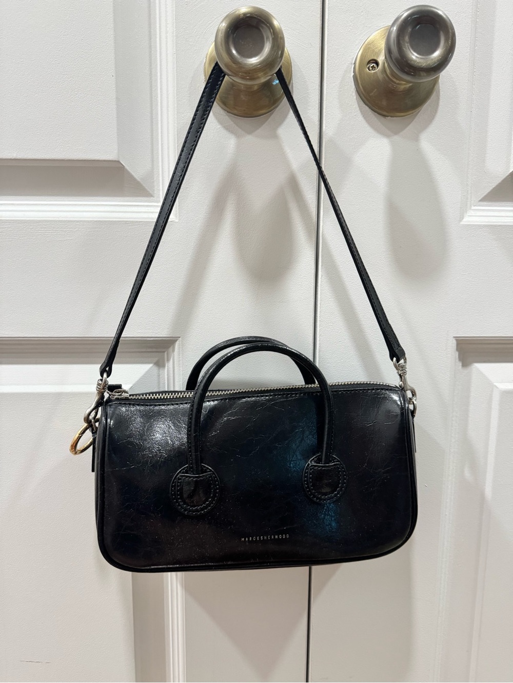 Marge Sherwood Small Zipper Shoulder Bag in black crinkle patent